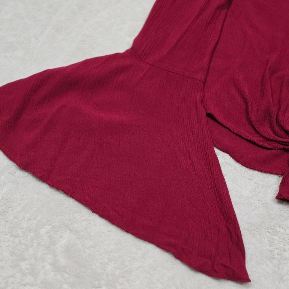 Windsor ✦ Red Flare Sleeve Crop Top ✦ Tie‑Front Textured Boho Style Made in USA - Picture 10 of 15